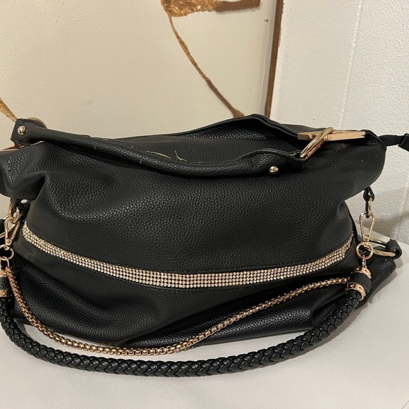 Black soft pebbled vegan leather blinged out hobo bag LARGE with gold hardware - Picture 8 of 16